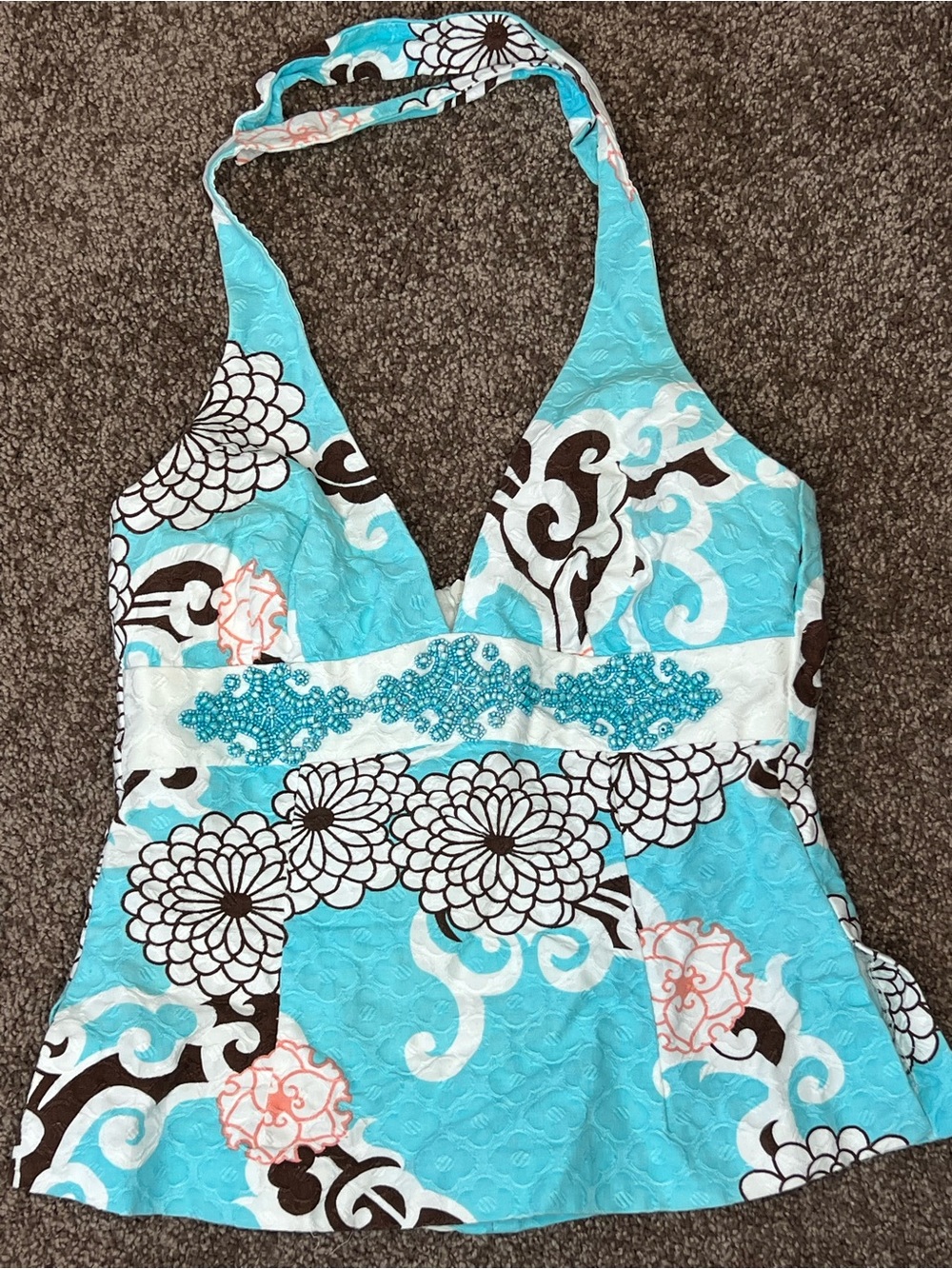 Trina Turk Blue Floral Beaded Halter Top - Size 2